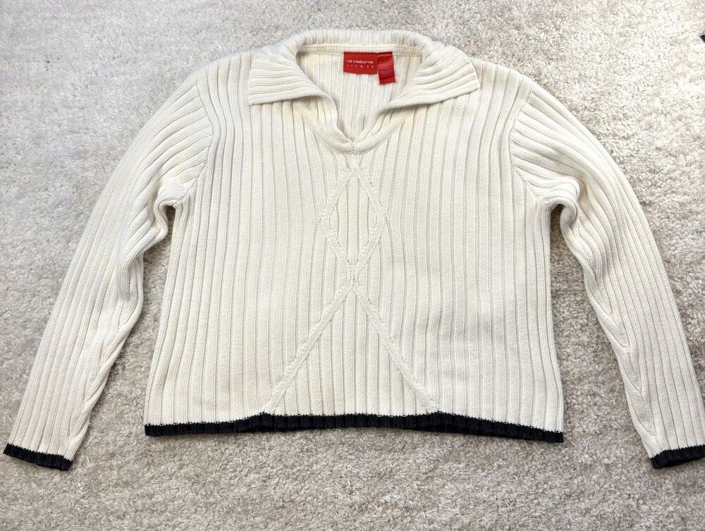 Vtg Liz Claiborne Women's Size Large Cream Ribbed Knit Sweater Contrast Trim EUC